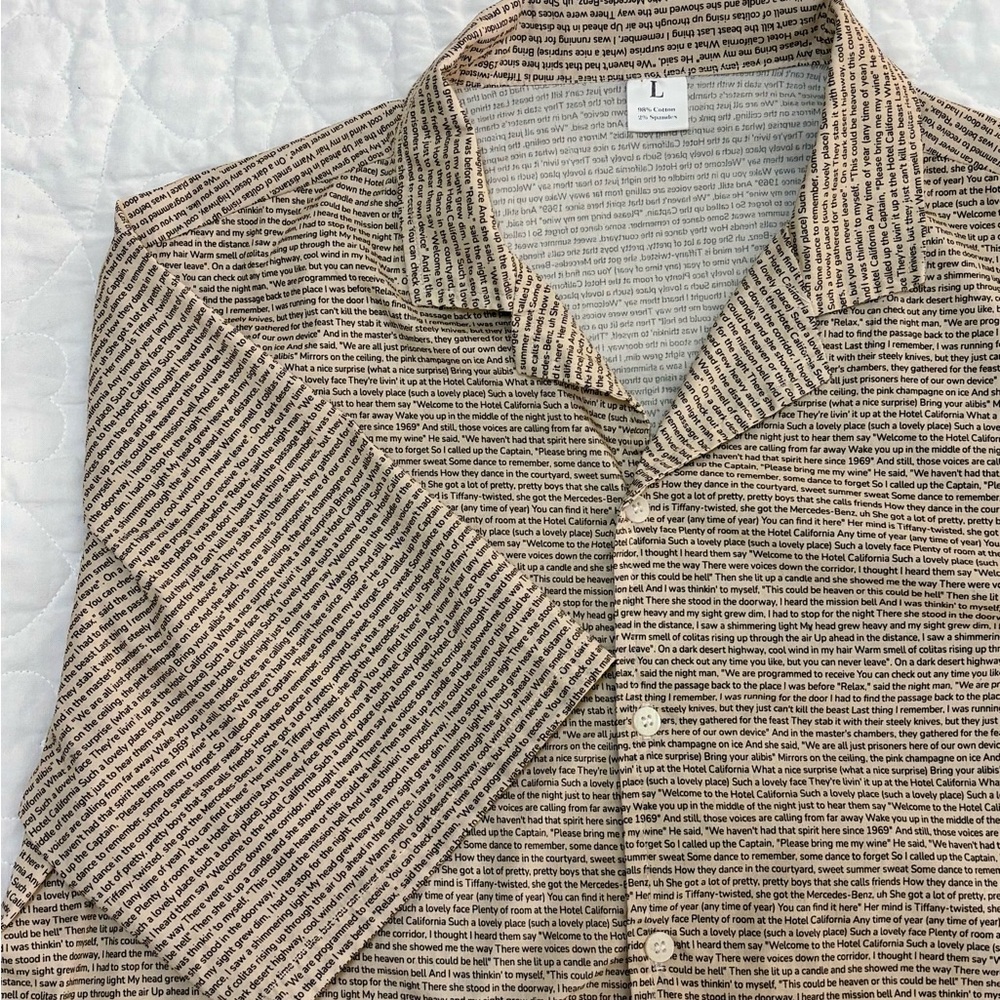 Eagles Hotel California Lyric Large Button Down Short Sleeve Shirt Unique! Rare!